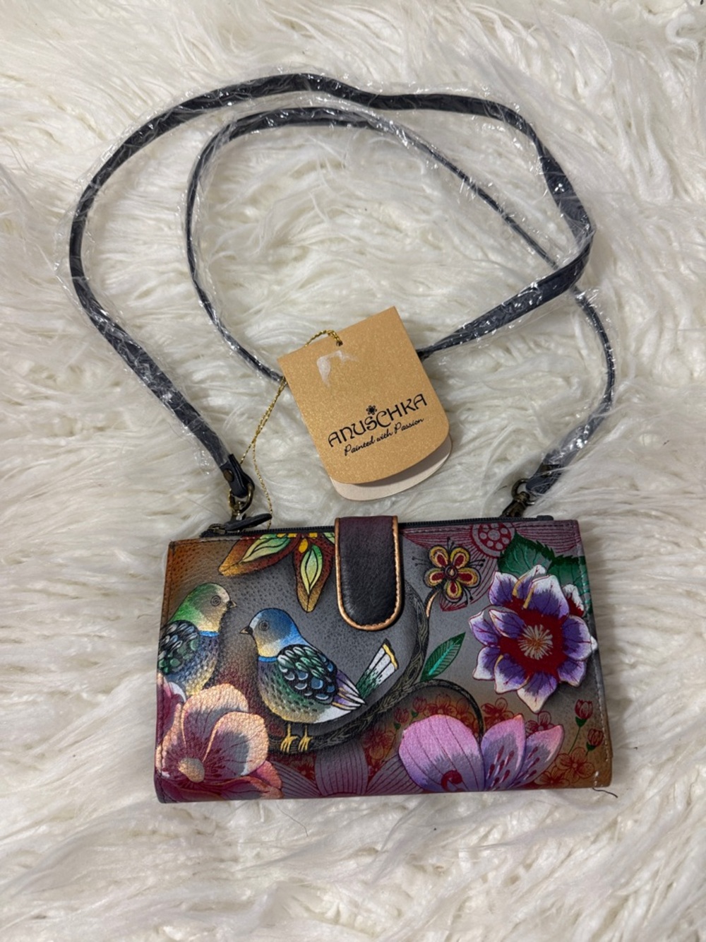 Anuschka Hand-Painted Floral & Bird Smartphone  and  Wallet in Green, Bluepurple